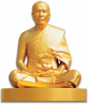 Golden statue of Phramongkolthepmuni in deep meditation posture